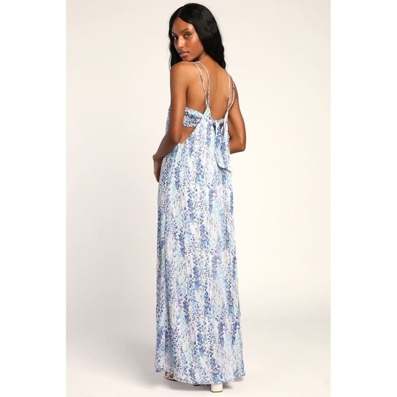 Lulus Floral Maxi Dress Sleeveless‎ Tie Back Casual Summer Blue Medium M - Picture 2 of 7